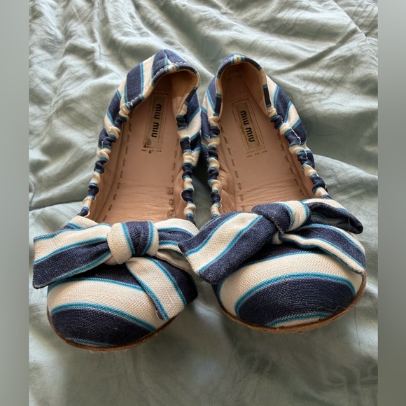 Miu Miu Blue and White Striped Flats with Bow - Picture 9 of 9